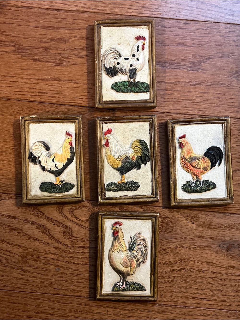 Set of 5 Rooster Wall Plaques in Cream and Multicolor country cottage core farm